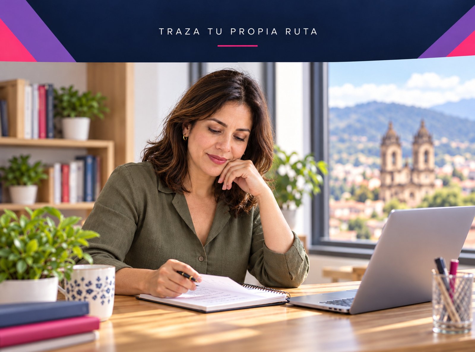 Mujer reflexionando y escribiendo en un cuaderno.