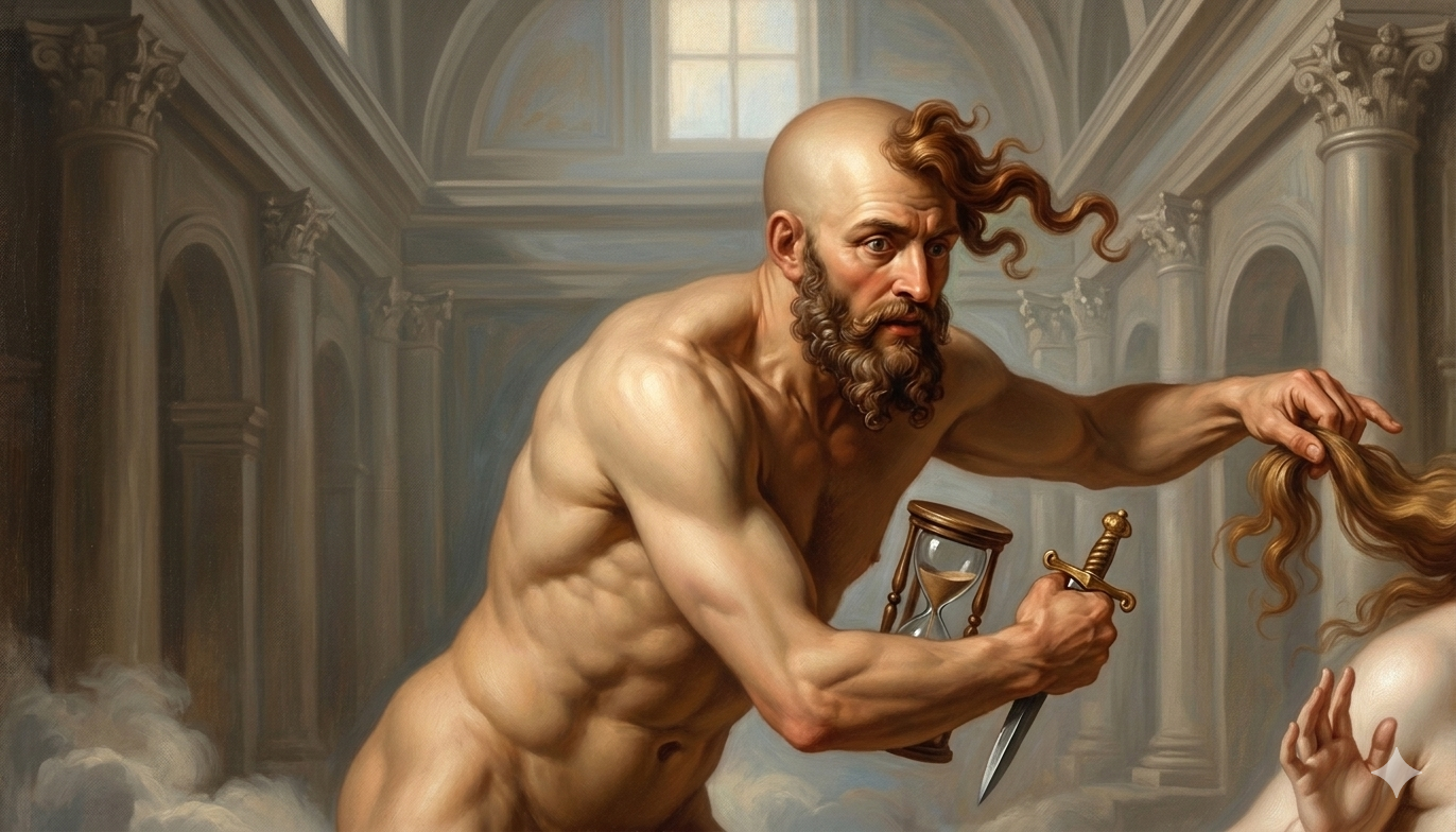 Figura mitológica musculosa sosteniendo un reloj de arena y una espada mientras corta su cabello